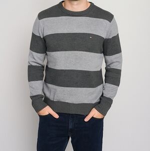 Tommy Hilfiger Men's Medium 💯 Cotton Gray Striped Sweater